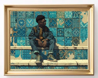 Zwarte jongenskunst | Afro-Amerikaanse kunst | Stijlvolle streetwear-print | Afrocentrische muurkunst | Coole tiener-afrokunst | Zwarte kunstafdruk | Downloaden