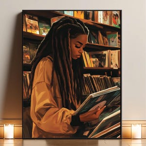 May include: A framed art print depicts a Black person with long dreadlocks, wearing a tan jacket, browsing vinyl records in a record store. The artwork has a warm color palette, with a focus on the person's face and the records.