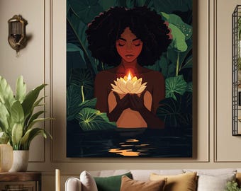 May include: A digital painting of a Black woman with dark brown hair holding a glowing yellow lotus flower in front of her chest. The background is a dark green jungle scene with large leaves.
