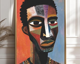 May include: A framed portrait painting featuring a stylized face composed of geometric shapes and varied textures. The color palette includes vibrant orange, deep black, soft blue, and earthy brown tones, with intricate patterns integrated into the facial features.