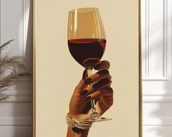 Black Woman Wine Art Print | Afrocentric Glam Decor (Digital Download)