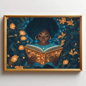 Black Girl Reading Art |  Magical Book Themed Art Print | Vibrant Floral Print | African American Art | Book Lover Wall Art | Bookish Print