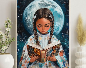 Latina Girl Reading Art Print | Mexican Culture Wall Art | Printable Book Lover Art | Mexican Folk Art | Inspirational Hispanic Girl Art