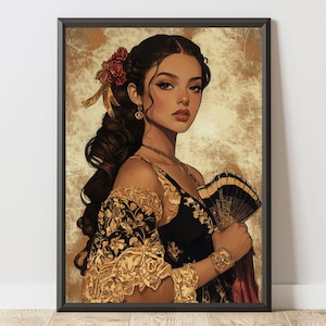 Beautiful Mexican Culture Art Print | Mexican Wall Art | Latina Woman With Fan | Feminine Art Portrait | Mexican Home Decor | Hispanic Art