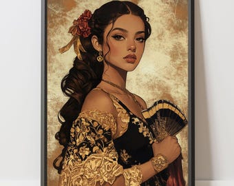 Prachtige Mexicaanse cultuurkunstdruk | Mexicaanse muurkunst | Latina-vrouw met waaier | Vrouwelijk kunstportret | Mexicaans woondecoratie | Spaanse kunst
