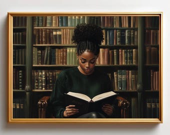Black Girl Reading Law Book Art Print | Bookish Art | Dorm Room Wall Art | African American Library Study Art | Dark Academia Room Aesthetic
