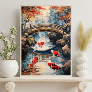 Koi Fish Pond Art Print | Zen Garden Art | Japanese Print | Aesthetic Art | Printable Wall Art | Colorful Koi Art | Nature Inspired Print