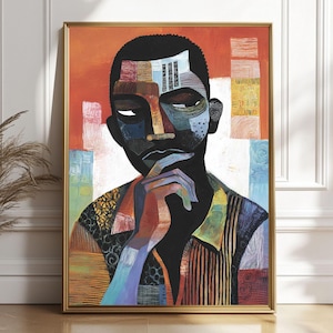 May include: Abstract portrait art print in a gold frame. The artwork features a person with a thoughtful expression, with a hand on the chin. The face and clothing are composed of colorful geometric shapes against a red and white background.
