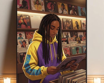 May include: Illustration of a person in a purple and yellow hoodie, examining a vinyl record in a record store. The background features shelves filled with album covers, creating a scene of music and nostalgia. The artwork is framed.