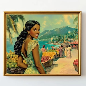 Caribbean Art Print | Colorful Seaside Landscape Art | Tropical Black Woman Art | Island Culture Art | Black Girl Art | Fruit Market Scene