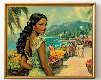 Caribische kunstafdruk | Kleurrijke landschapskunst aan zee | Tropische zwarte vrouwenkunst | Kunst eilandcultuur | Zwart meisje kunst | Fruitmarktscène
