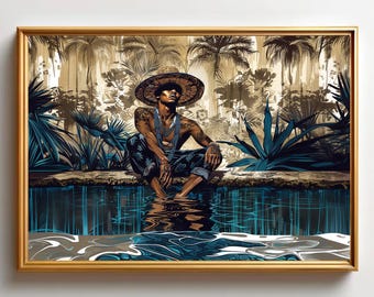 Prachtige Afro-Latijns-Amerikaanse kunstprint - Afro-Caribische kunst - digitale download - stijlvolle bohokunst - tropische sfeer - zwarte man kunst