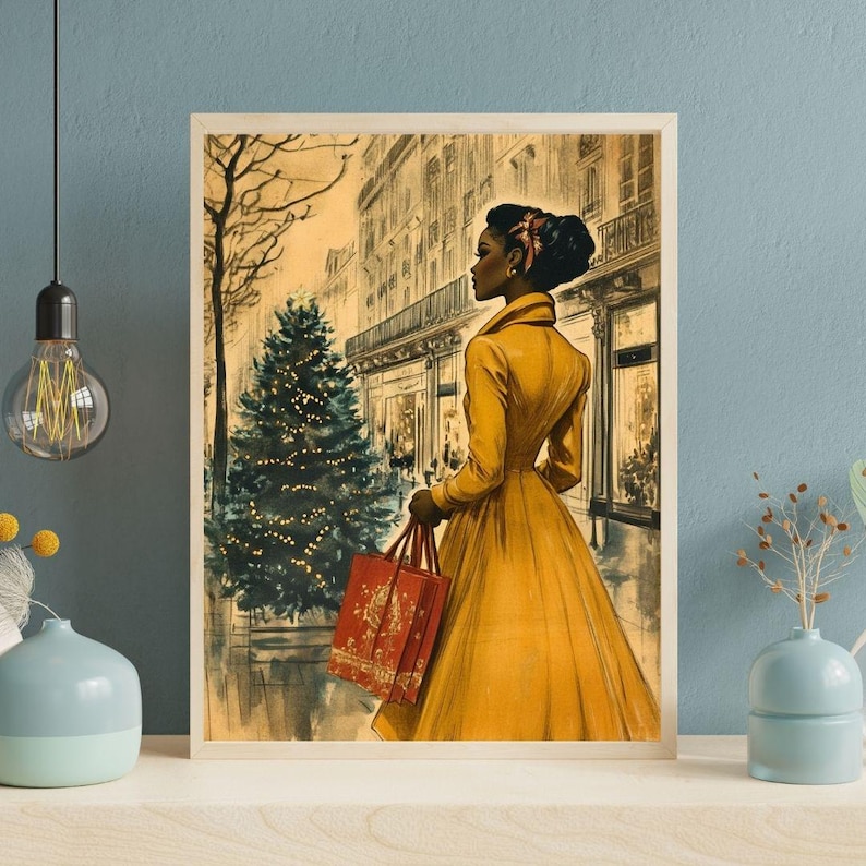 May include: A woman in a yellow coat and dress walks down a city street with a red shopping bag. A Christmas tree is visible in the background.