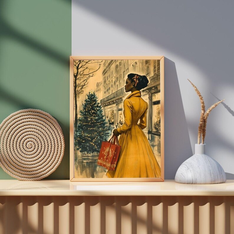 May include: A woman in a yellow dress walks down a city street with a red shopping bag. A Christmas tree is decorated with lights in the background.