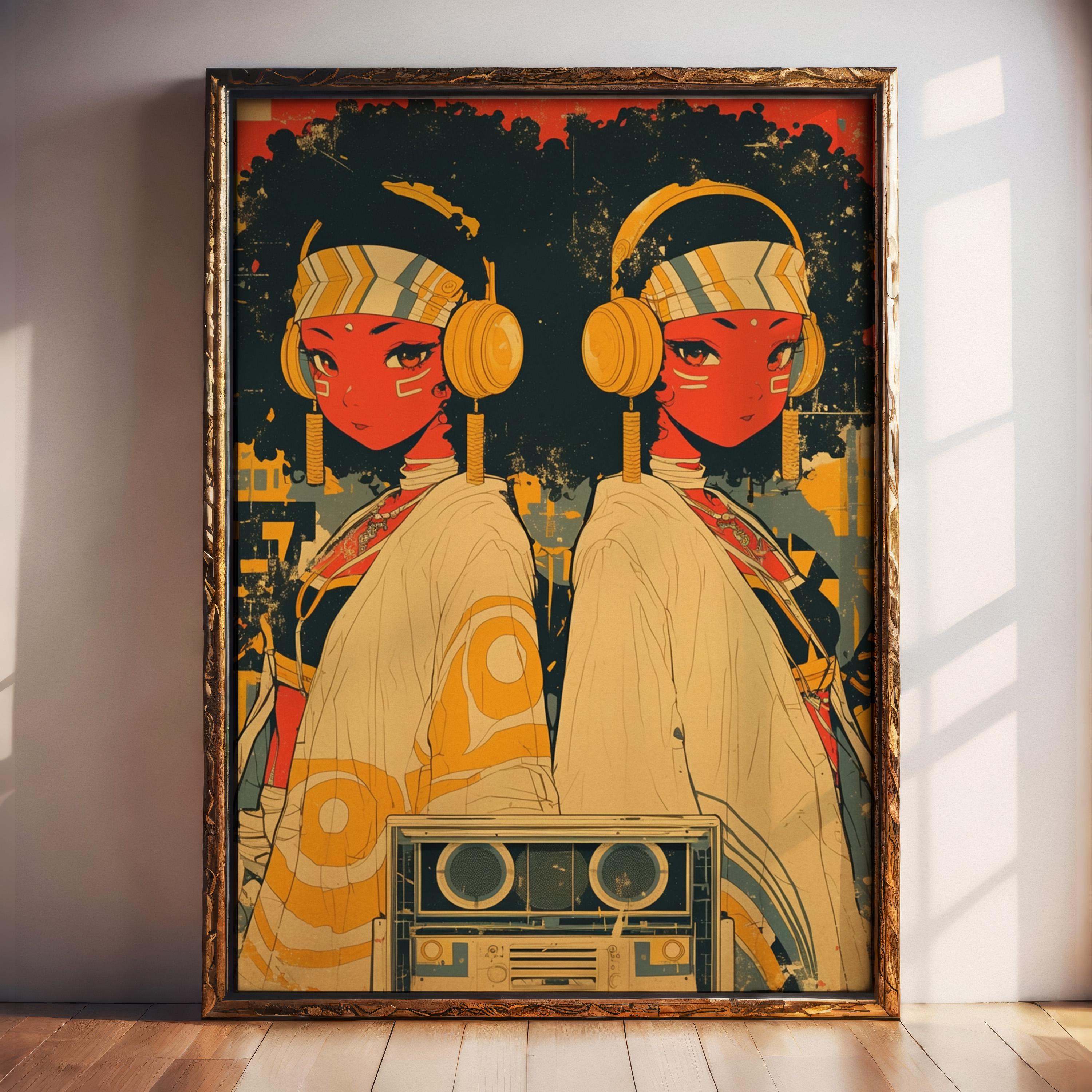 Black Girl Anime Art Print | Afro Boombox, Retro Hip Hop (digital
