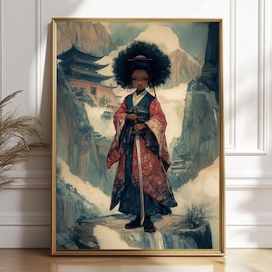Black Girl Anime Art | Afro Asian Samurai Art | Black Art Prints | Black Anime Aesthetic Print | Black Girl Room Decor | Powerful Girl Art
