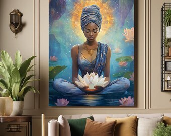May include: A serene painting depicts a woman in meditation, holding a glowing lotus flower. She wears a blue head wrap and dress, with a golden necklace. The background features a radiant light and lotus flowers, creating a peaceful atmosphere.
