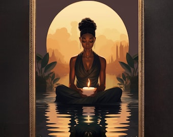 May include: A woman in a dark green dress sits in a meditative pose, holding a lit candle in front of her. The background is a soft, golden glow with a hazy cityscape in the distance.