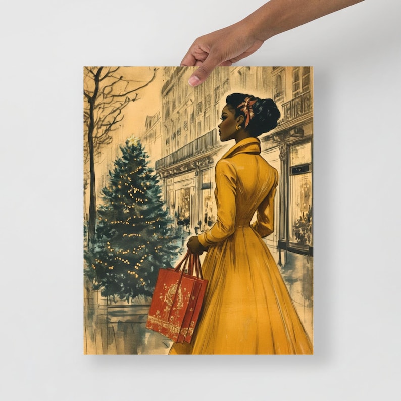 May include: A woman in a yellow dress walks down a city street with a red shopping bag. A Christmas tree is in the background.
