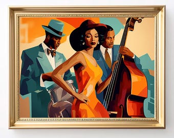 May include: A framed art print depicting a jazz band. The artwork features three figures: a woman in an orange dress, a man in a blue suit, and another man playing a double bass. The background has orange, blue, and green hues.