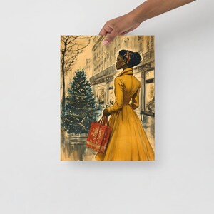 May include: A woman in a yellow dress and a red coat walks down a city street with a red shopping bag. A Christmas tree is in the background.
