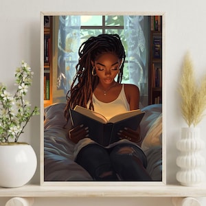 Black Woman Reading Art Print - Black Girl Art - Book Lover - Literary Art Print- Reading Nook - Bookish Art - African American Art Print