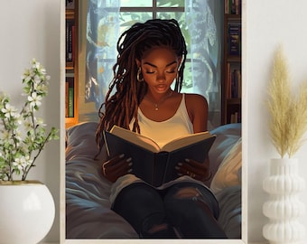 Black Woman Reading Art Print - Black Girl Art - Book Lover - Literary Art Print- Reading Nook - Bookish Art - African American Art Print