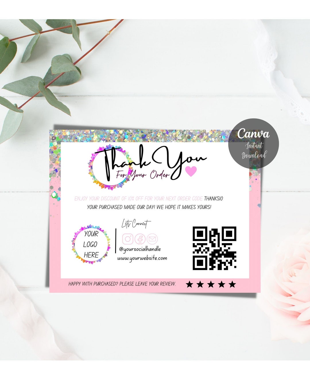Pink Glitter Thank You Card Template: Editable Business Design (canva ...