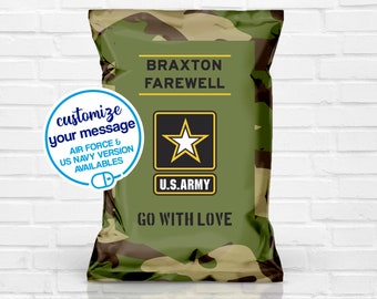 May include: A camouflage-patterned bag with a green central panel featuring the text "BRAXTON FAREWELL" and a U.S. Army emblem. The text "GO WITH LOVE" is below. A circular graphic says "customize your message" and "AIR FORCE & US NAVY VERSION AVAILABLES".