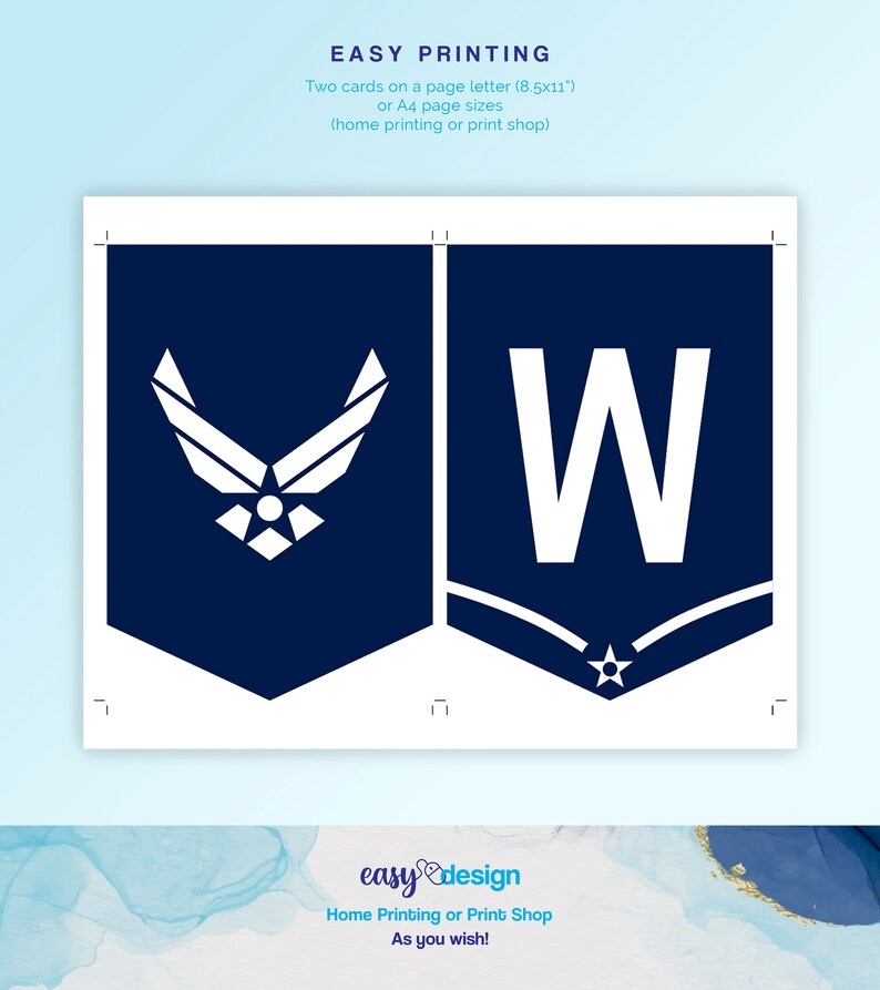 May include: Two printable cards featuring a blue and white Air Force logo and the letter W with a star. The cards are designed for easy printing on letter or A4 size paper.