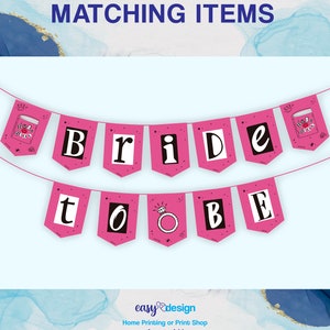 May include: Pink and black printable bridal banner with the words "Bride to Be" and a small illustration of a ring. The banner is decorated with small white polka dots.