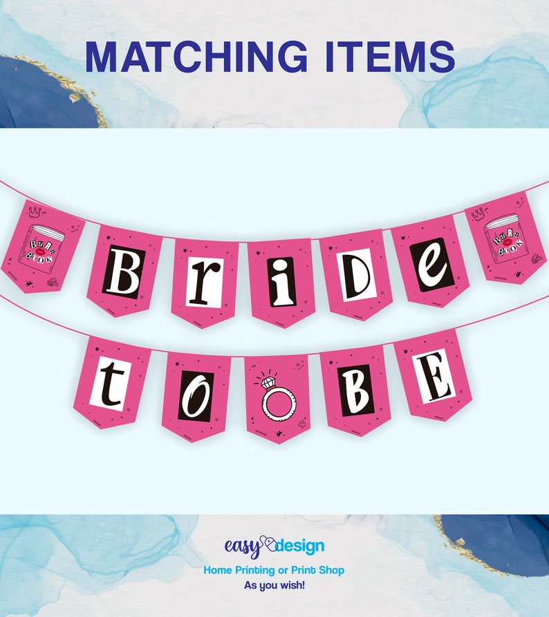 May include: Pink and black printable bridal banner with the words "Bride to Be" and a small illustration of a ring. The banner is decorated with small white polka dots.