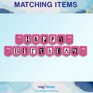May include: Pink and black printable banner with the words "Happy Birthday" and a graphic of a gift box with a bow. The banner is designed for home printing or a print shop.
