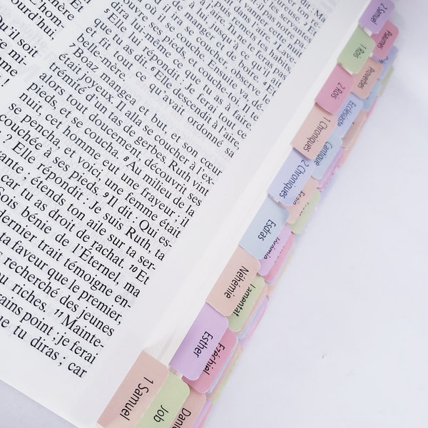 Onglets bible - Onglets bibliques Stickers autocollants en Francais double/face laminés doux au toucher. Espagnol/Allemand/Anglais/Francais