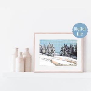 Mountain Alps poster, Swiss landscape affiche, Switzerland naige, forest, snow art mountains, collage artwork print, Digital Download