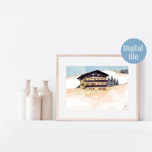 Swiss alps chalet poster, mountain house, Swiss landscape, Switzerland, Winter cottage, snow mountains, printable collage, Digital Downloa