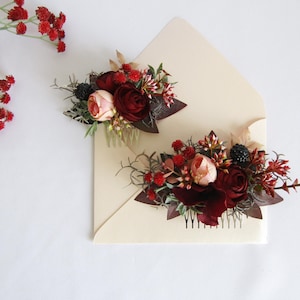 Peach burgundy flower comb, prom comb with burgundy peony, Rustic dark red Fall Bridal hair accessory, Bridesmaid Hair Piece, Autumn wedding