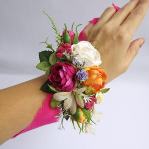 Magenta orange corsage and boutonniere set, hot pink prom wrist corsage, Men boutonniere, Bridal floral bracelet, Fuchsia Groom buttonhole