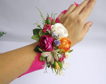 Magenta Orange Corsage Boutonniere Set, Hot Pink Prom Wrist Floral Bracelet, Fuchsia Groom buttonhole