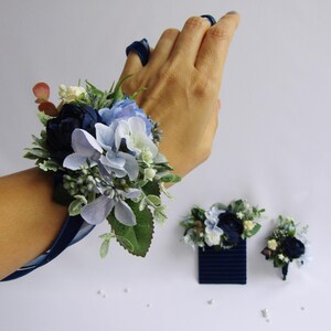 Navy Blue Boutonniere and Corsage Prom | Dusty Blue Wedding Flower Wrist Bracelet | Buttonhole Groomsmen