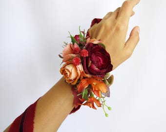 Burnt Terracotta Boutonniere Corsage Set | Burgundy Floral Wrist Bracelet and Buttonhole Prom & Fall Wedding