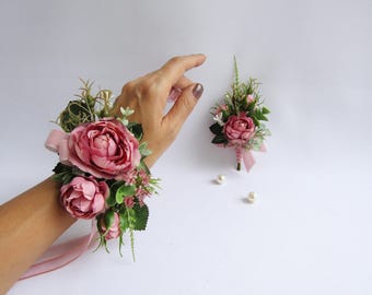 Dusty Pink Corsage & Boutonniere Set Prom | Rose Wrist Bracelet | Groom Buttonhole | Wedding Floral Accessory