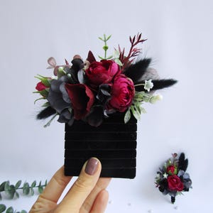 Black burgundy pocket boutonniere, Gothic wedding, Groom, Groomsmen, Black wedding, Halloween wedding, Burgundy wedding, Black boutonniere