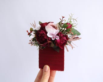 Burgundy | Blush Pink pocket boutonniere, Flower groom boutonniere, Maroon wedding buttonhole, Red wine pocket boutineer, Woodland wedding