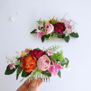 Magenta | orange flower hair comb, Fuchsia | Burgundy floral comb, Summer wedding, Bridesmaid hair accessories Pink rose, flower headpiece