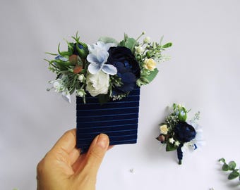 Navy Blue Pocket boutonniere, White Pocket Boutonniere, Navy Blue flower boutonniere, Groom, Groomsmen, Navy Blue Wedding boutonniere