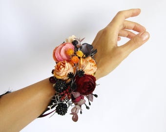 Burnt Orange Burgundy Boutonniere Prom, Wrist Corsage Rose Peony Berries, Autumn Wedding Flower Bracelet