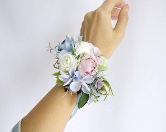 Blush Pink Light Blue Corsage Boutonniere Set, Prom & Wedding Flower Wrist Bracelet and Buttonhole