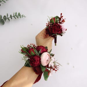 Burgundy | Blush Pink Corsage and Boutonniere Set, Prom Wrist Corsage Red Wine, Maroon Groom boutonniere, Wedding Flower Bridesmaid bracelet