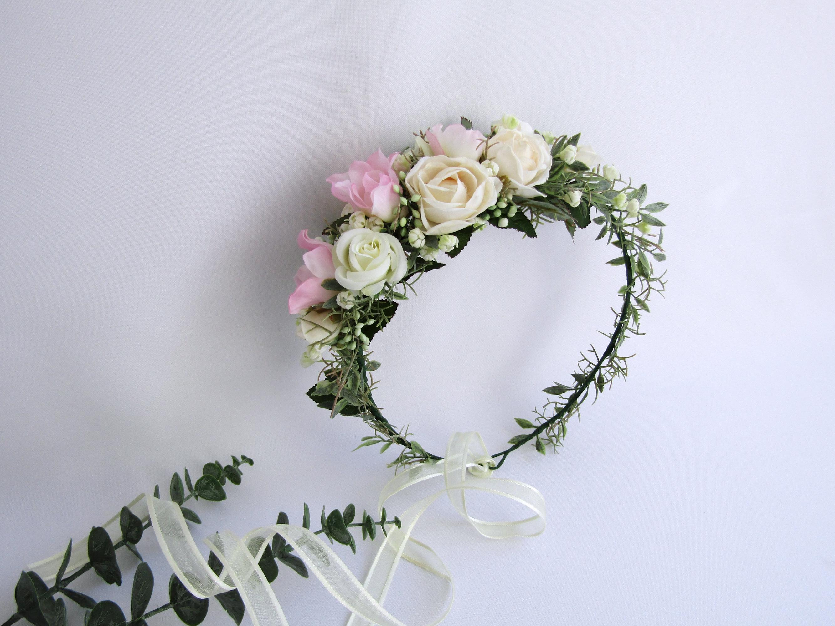 Flower Hair Wreath, Blush pink and cream flower crown, Wedding Flower headpiece, Bridesmaids crown dusty pink, Boho wedding,Flowergirl crown